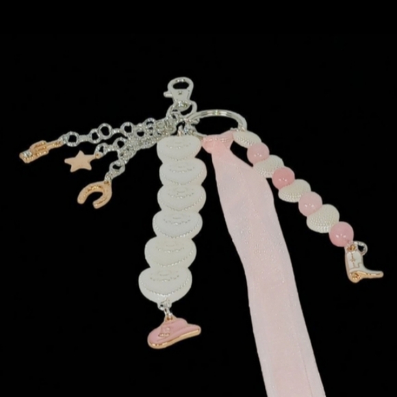 Hand Crafted Accessories - Pink Morganite Pearls & Cowgirl Charms Pink Ribbon Bag Charm Purse Accessory Y2k